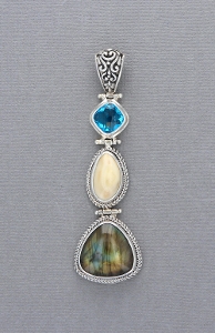 Sterling Silver Elk Ivory Pendant with Labradorite & Blue Quartz